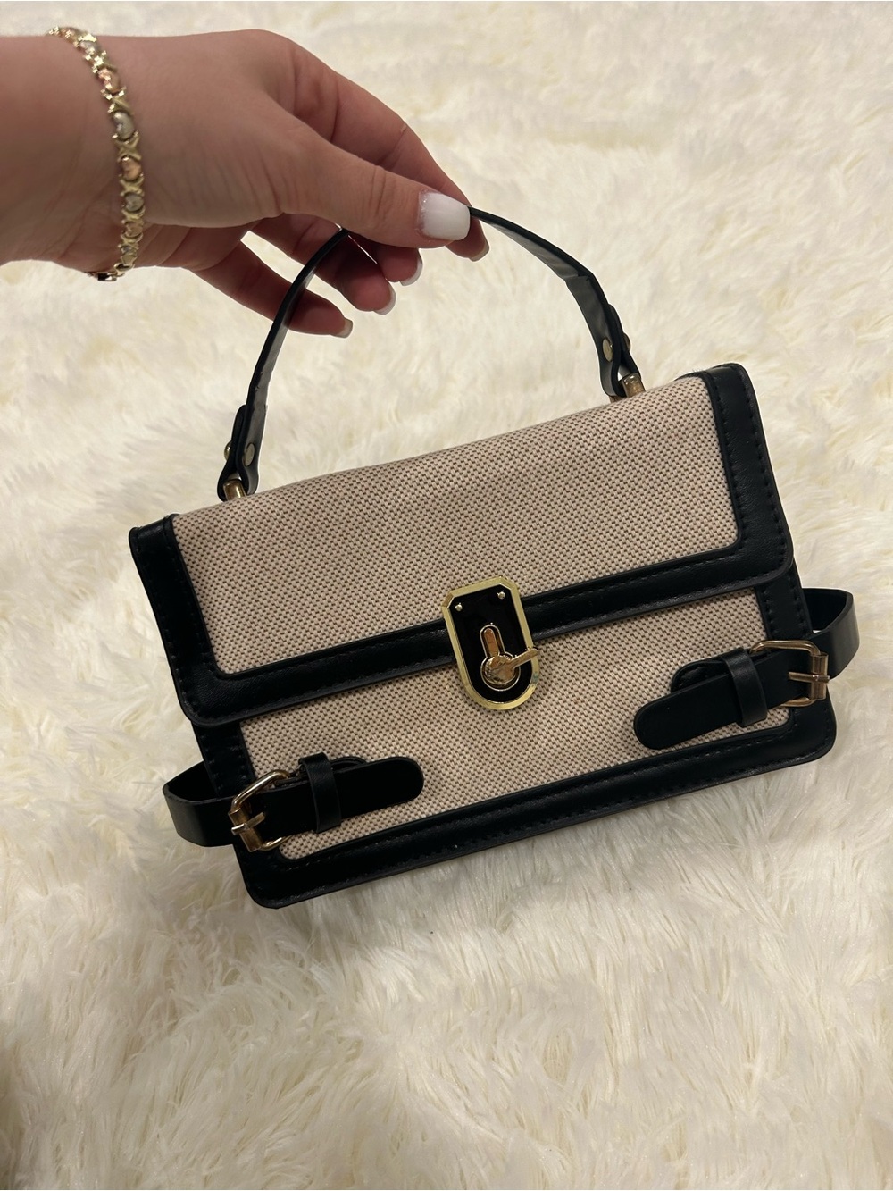 Beige Canvas and Black Trim Top-Handle Women's Bag